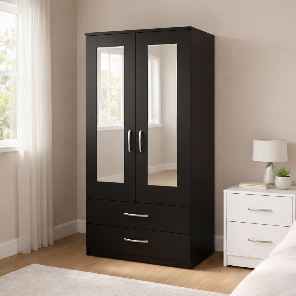 Modern 2 Door Mirrored Wardrobe with Drawer Storage | Woodere - Image 3