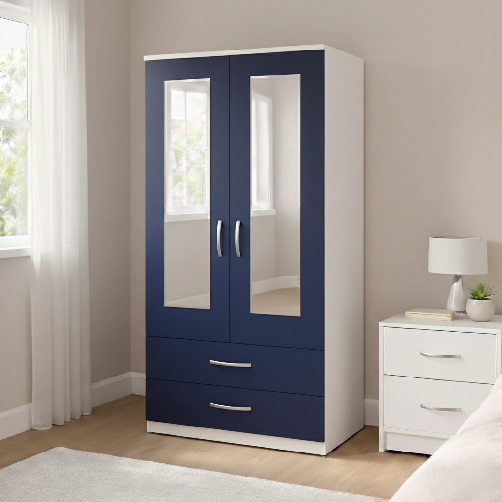 Modern 2 Door Mirrored Wardrobe with Drawer Storage | Woodere - Image 8