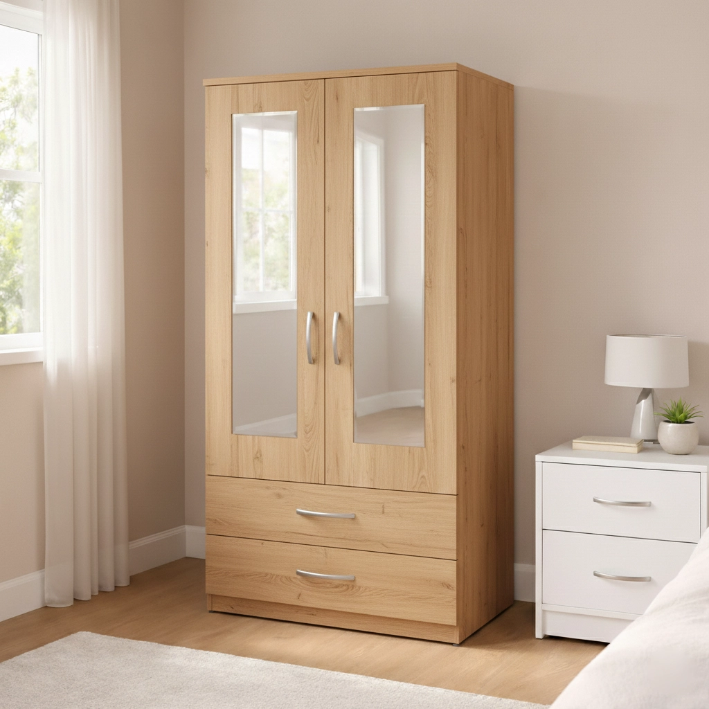 Modern 2 Door Mirrored Wardrobe with Drawer Storage | Woodere - Image 5