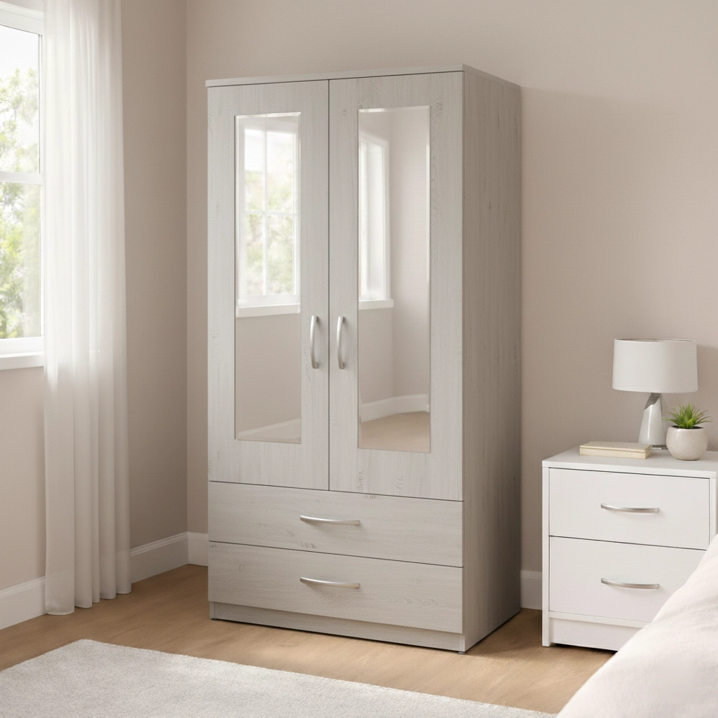Modern 2 Door Mirrored Wardrobe with Drawer Storage | Woodere - Image 4
