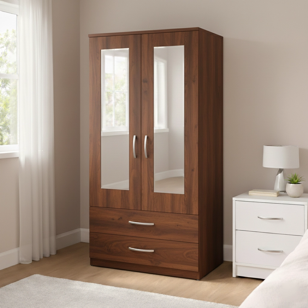 Modern 2 Door Mirrored Wardrobe with Drawer Storage | Woodere - Image 6