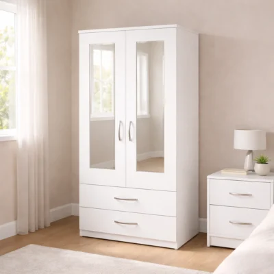 Modern 2 Door Mirrored Wardrobe with Drawer Storage | Woodere
