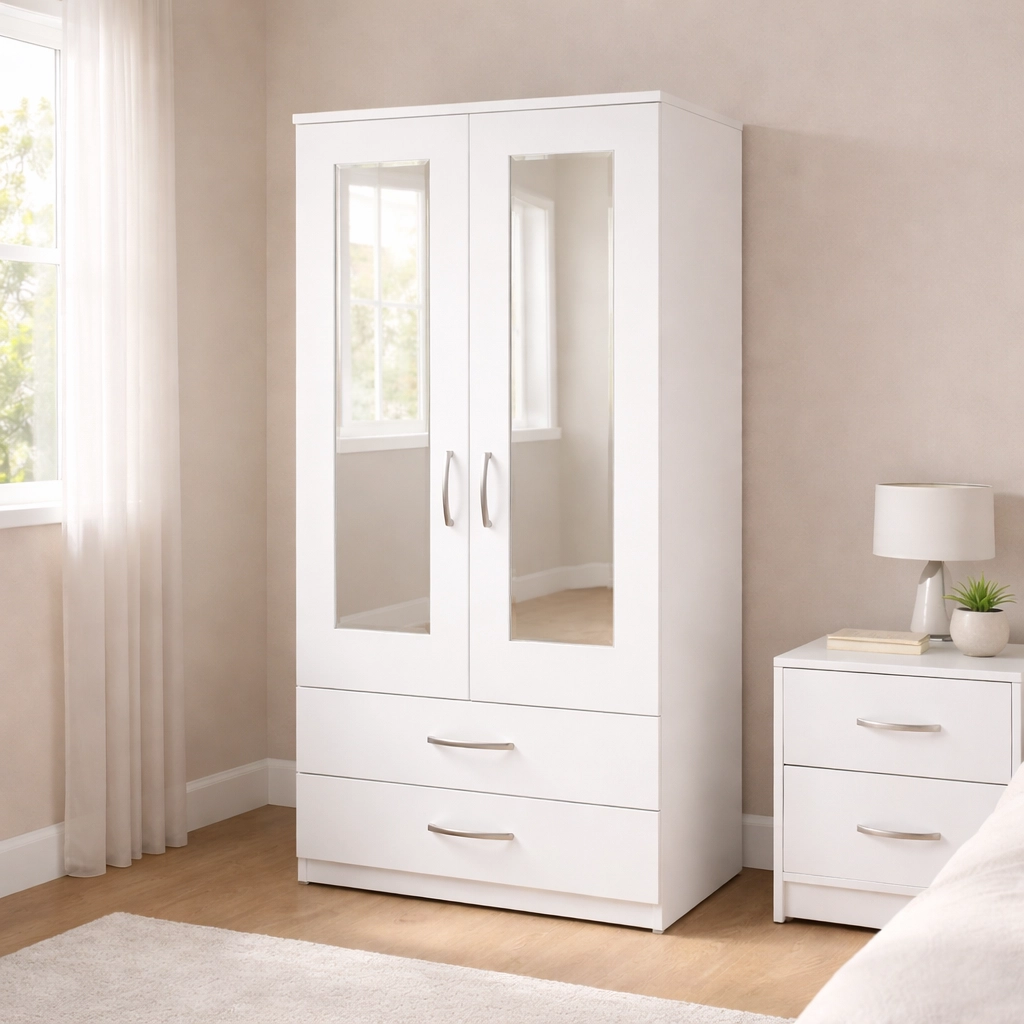 Modern 2 Door Mirrored Wardrobe with Drawer Storage | Woodere