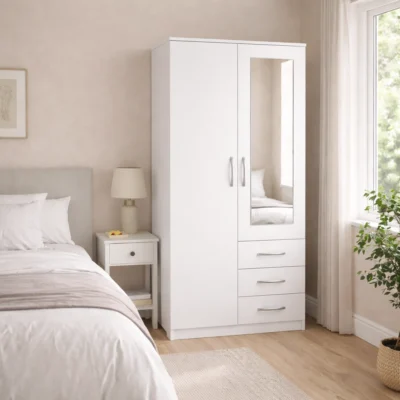 2 door mirrored wardrobe with drawers bedroom storage
