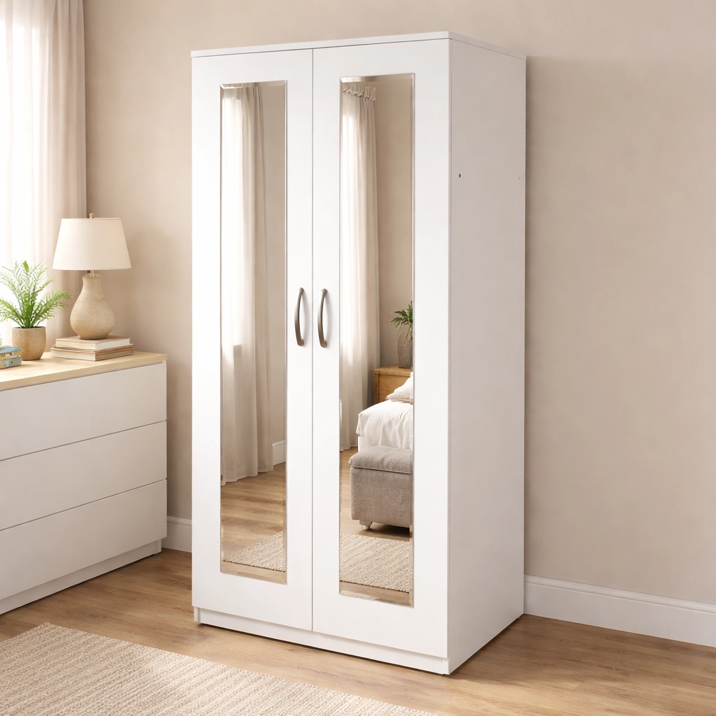 Elegant 2 Door Mirrored Wardrobe with Hanging Rail | Woodere
