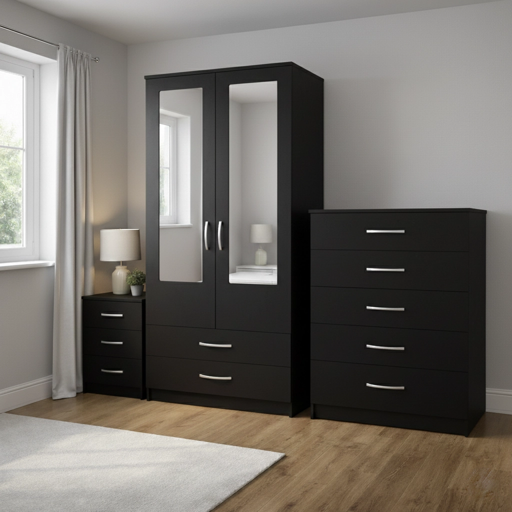 Modern 2 Door Mirrored Wardrobe Bedroom Set with Drawers – Chest of Drawers & Bedside Table - Image 3
