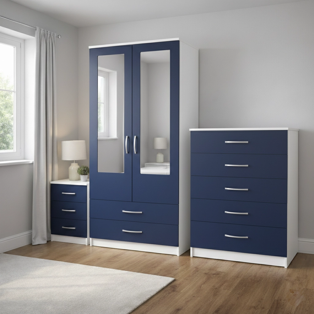 Modern 2 Door Mirrored Wardrobe Bedroom Set with Drawers – Chest of Drawers & Bedside Table - Image 8