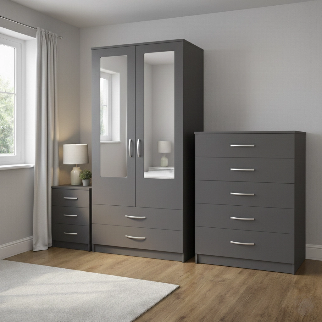 Modern 2 Door Mirrored Wardrobe Bedroom Set with Drawers – Chest of Drawers & Bedside Table - Image 2