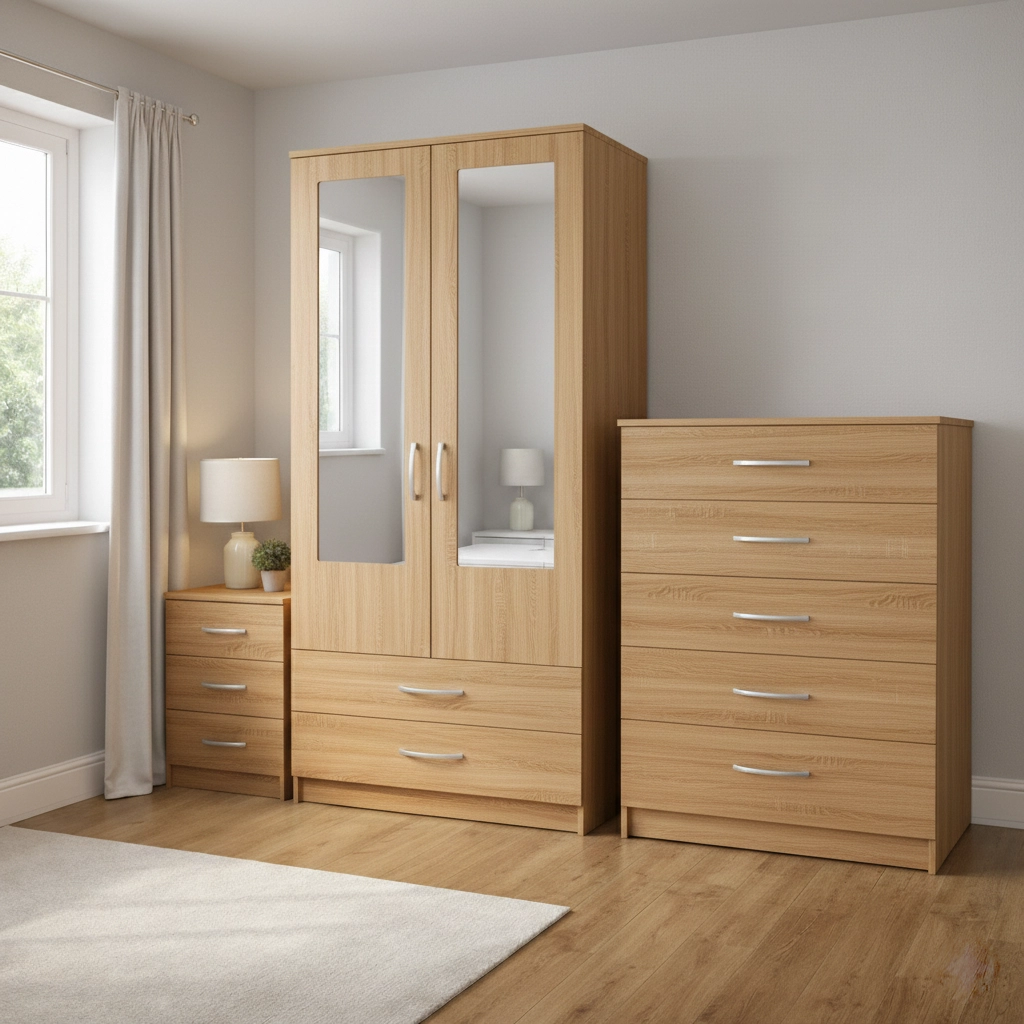 Modern 2 Door Mirrored Wardrobe Bedroom Set with Drawers – Chest of Drawers & Bedside Table - Image 5