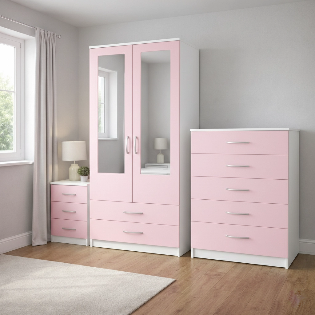 Modern 2 Door Mirrored Wardrobe Bedroom Set with Drawers – Chest of Drawers & Bedside Table - Image 7