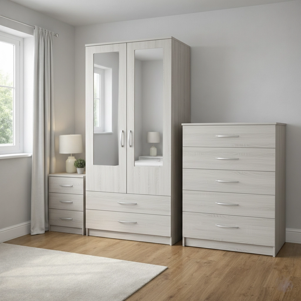 Modern 2 Door Mirrored Wardrobe Bedroom Set with Drawers – Chest of Drawers & Bedside Table - Image 4