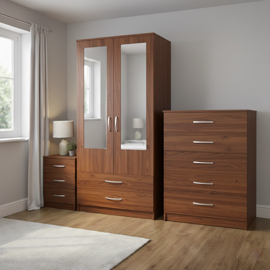 Modern 2 Door Mirrored Wardrobe Bedroom Set with Drawers – Chest of Drawers & Bedside Table - Image 6