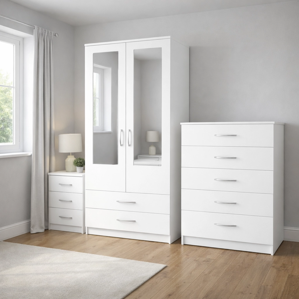 Modern 2 Door Mirrored Wardrobe Bedroom Set with Drawers – Chest of Drawers & Bedside Table